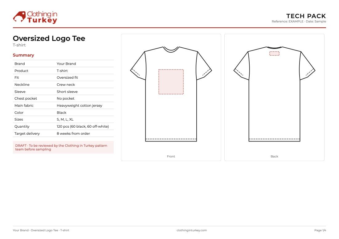 First page of a filled t-shirt tech pack: summary table and front and back technical sketches