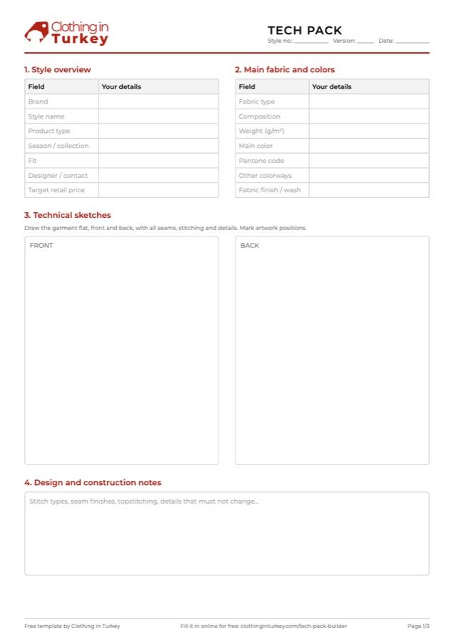First page of the tech pack template: style overview, fabric and colors, front and back sketch boxes